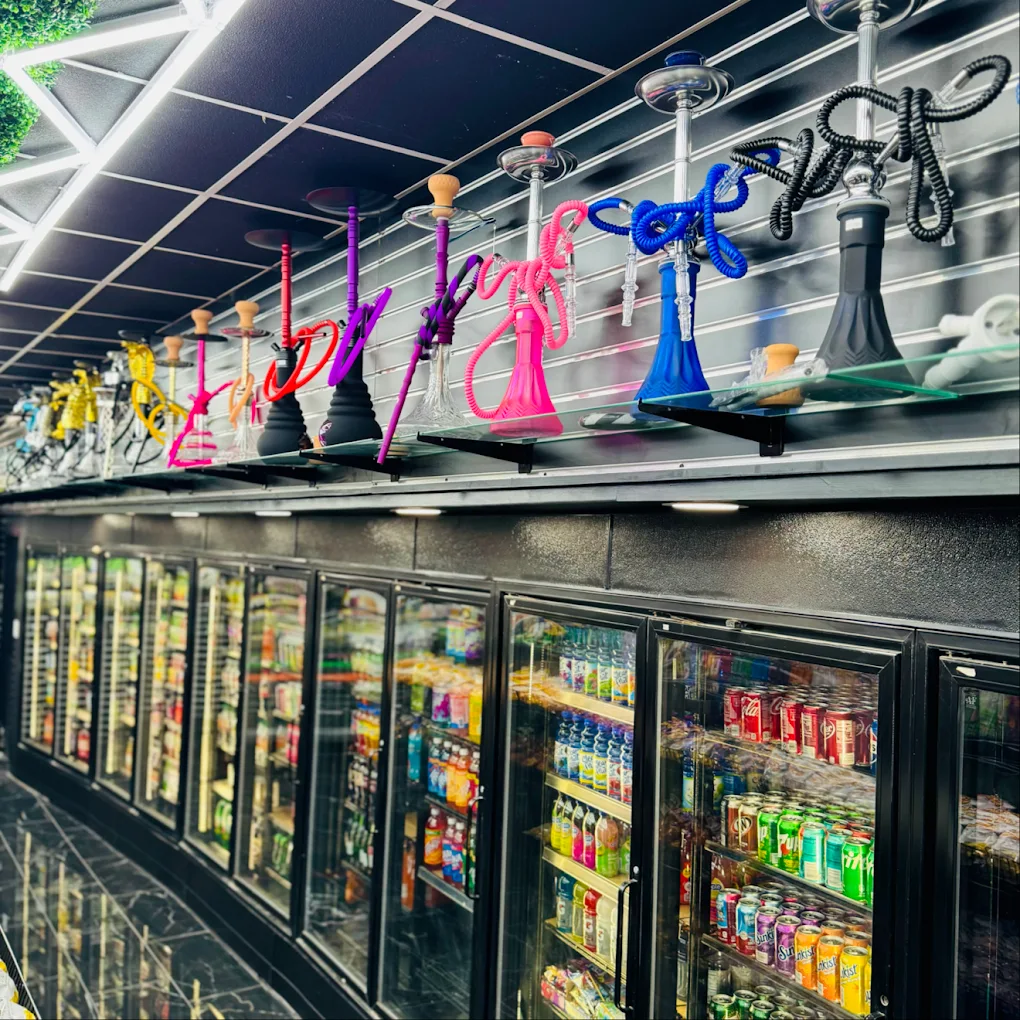 Cold drink fridges and colorful hookah display at EZ Smoke House Hampton VA