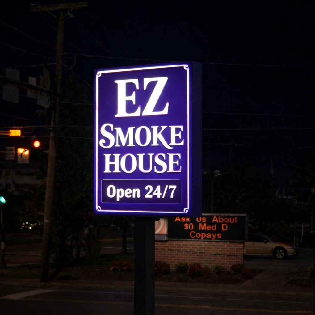 EZ Smoke House neon purple street sign open 24/7 in Hampton Virginia