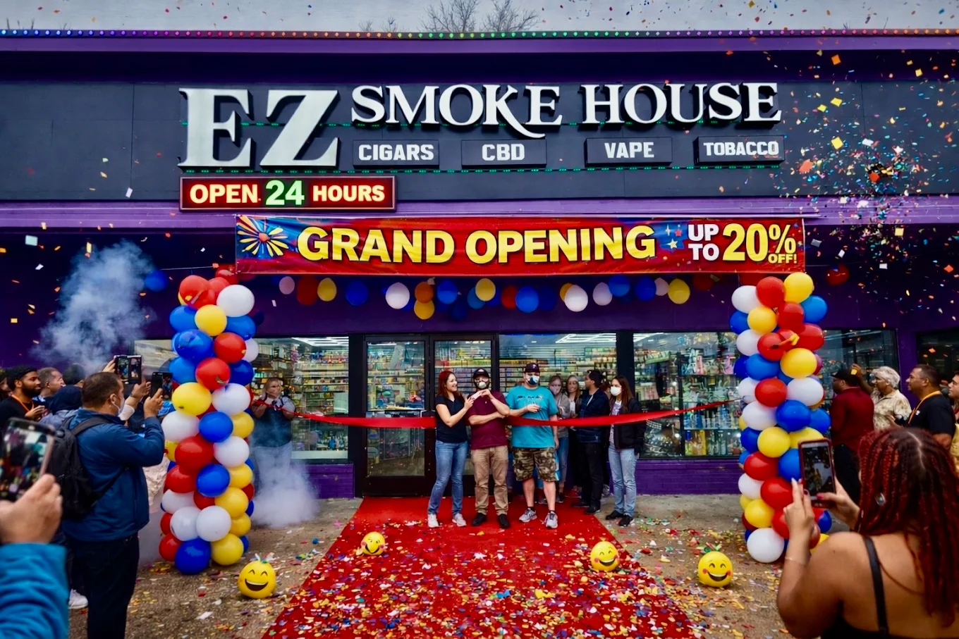 EZ Smoke House grand opening in Hampton VA — ribbon cutting at the 24 hour cigars, CBD, vape and tobacco store